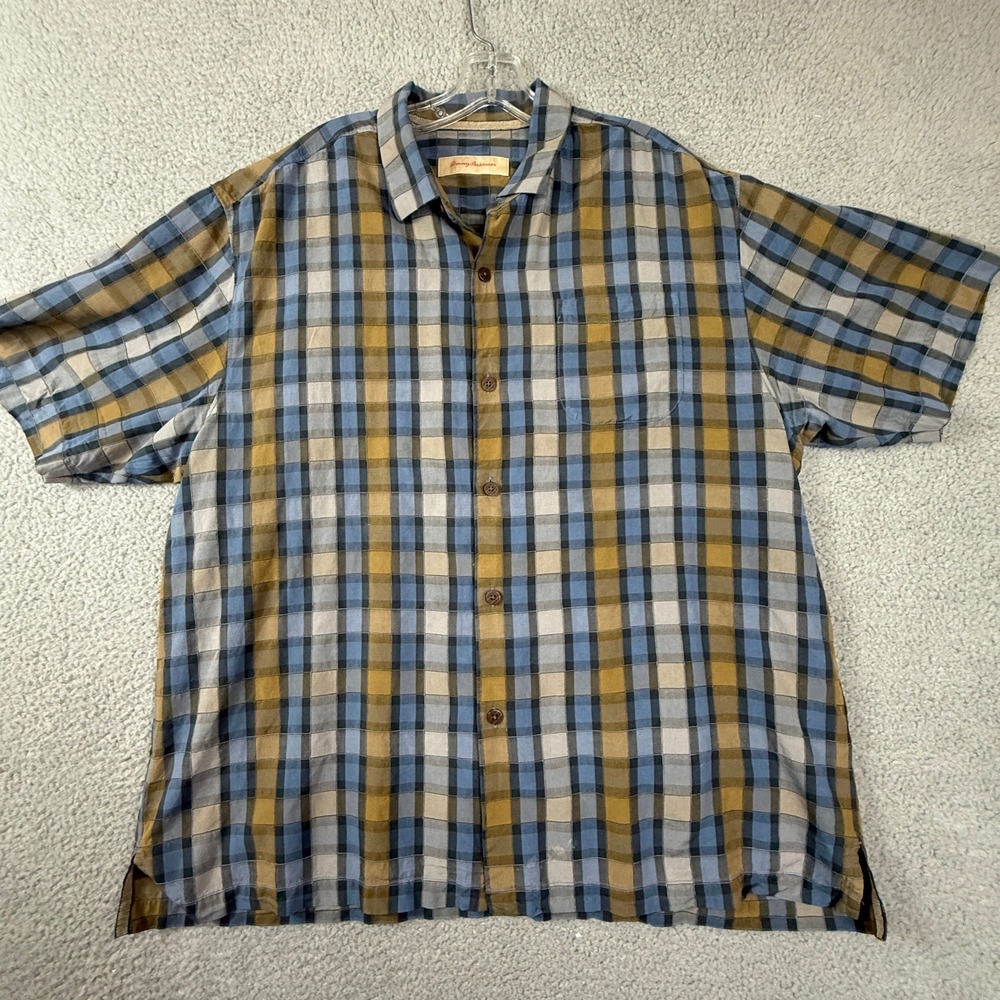 Tommy Bahama Silk Plaid Button Up Shirt Mens XL Short Sleeve‎ Camp Casual